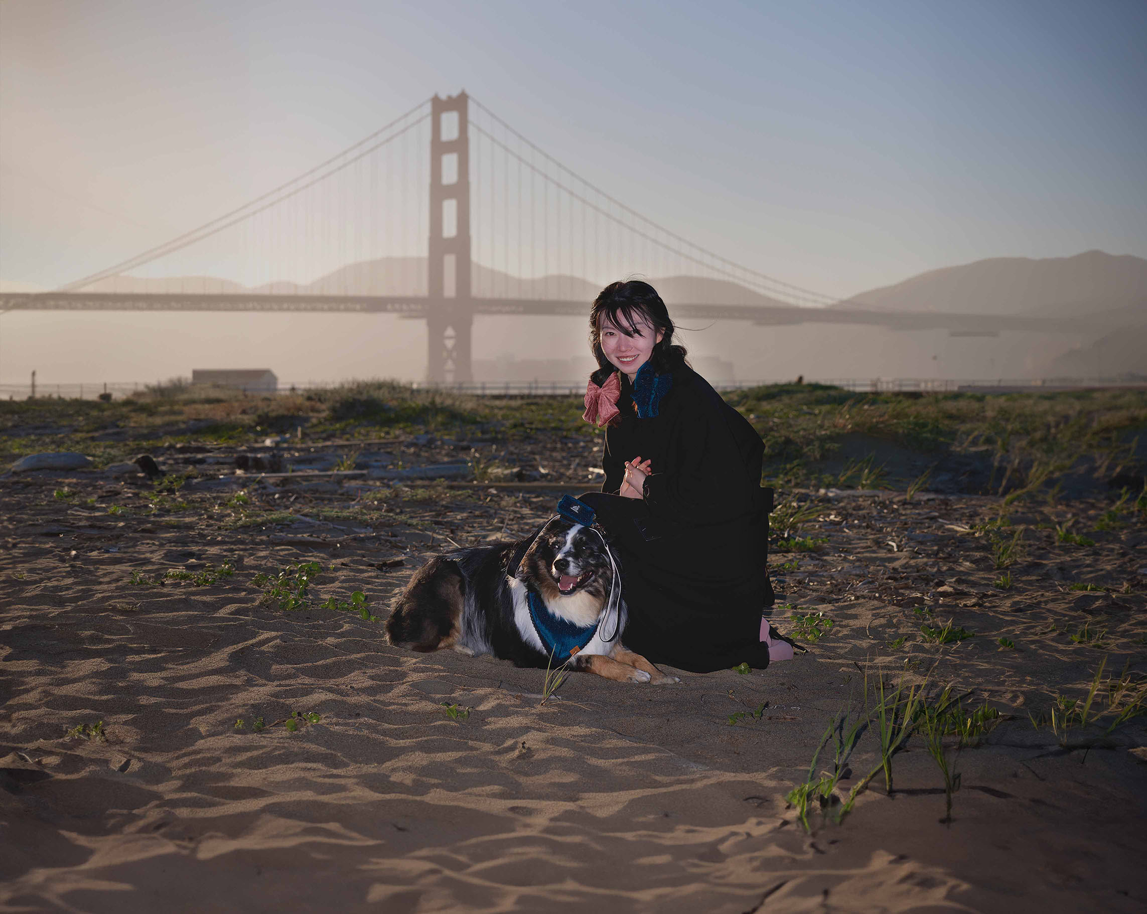 MemoCool Pet | Dog model Ajax at San Francisco's Crissy Fields with The Gardenia bandana and paired human scarf