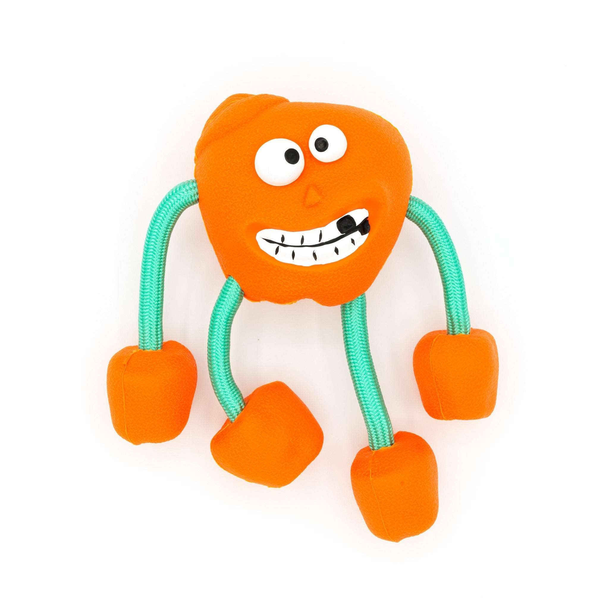 MemoCool Pet - Humorous Apple Squeaky Dog Toy - Wacky and Squeaky - Favorite Dog Toy - Rubber and Rope Toy - Orange Color - In Studio - Lay Down