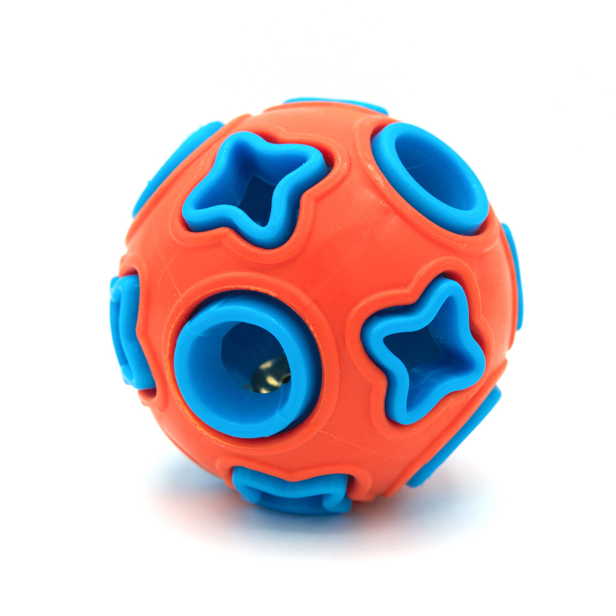 MemoCool Pet - Star and Moon Dog Toy Ball - Interactive Dog Toys - Outdoor Dog Toys - Fetch Fun - Rubber Ball - Metal Bell - Orange and Blue Color - In Studio Light - For All Puppy Breeds