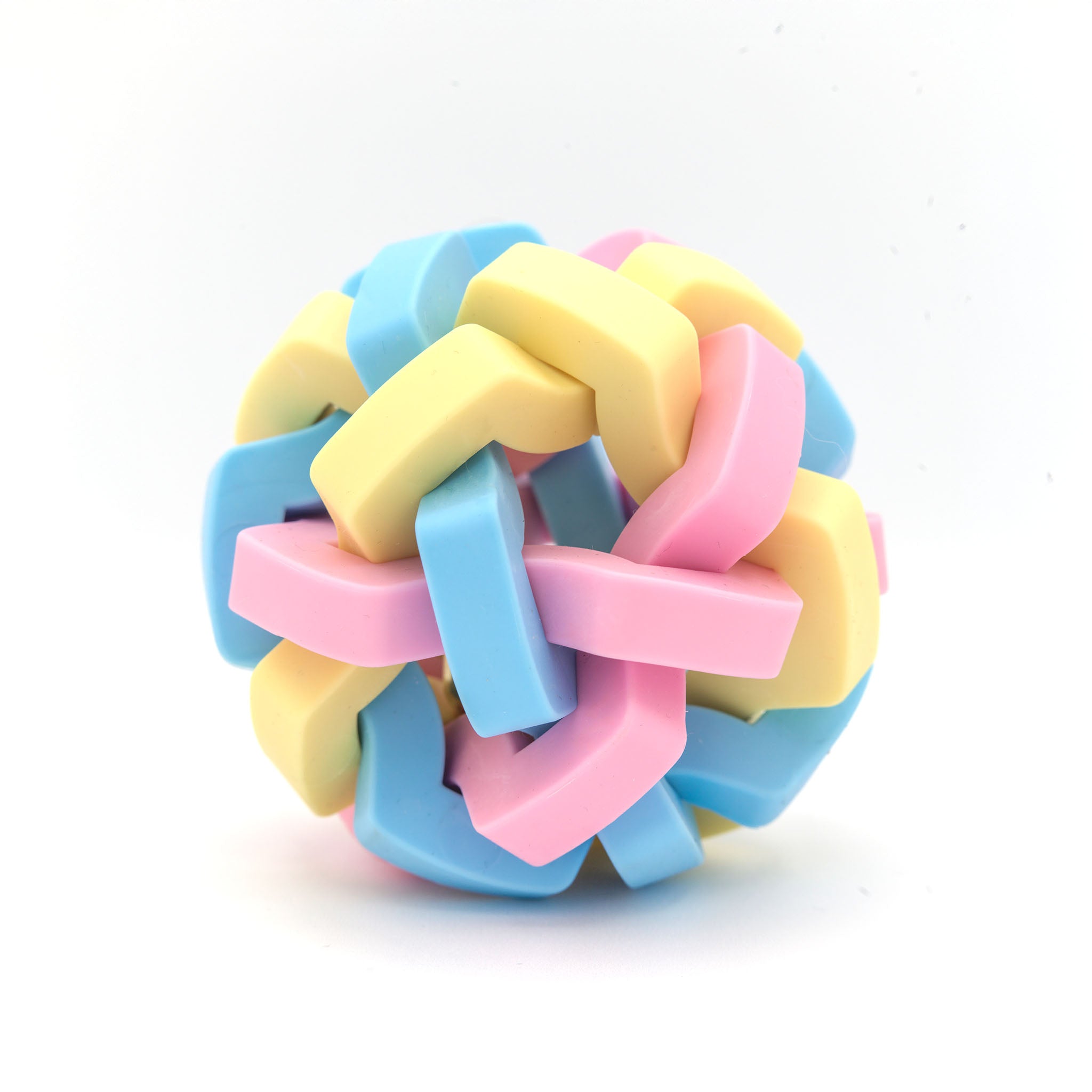 MemoCool Pet - Twisted Macaron Dog Toy Ball - Interactive Dog Toys - Outdoor Dog Toys - Rubber Ball - Metal Bell - Macaron Pink Yellow Blue Color - In Studio Light - For All Puppy Breeds