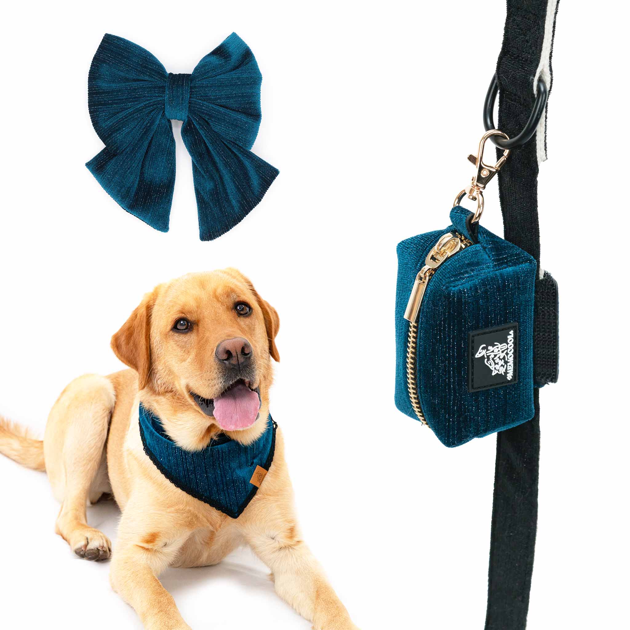 MemoCool Pet - Golden Classics Collection - Velvet Blue Style & Match Bundle - Pet Bandana - Poop Bag Holder - Bow Tie
