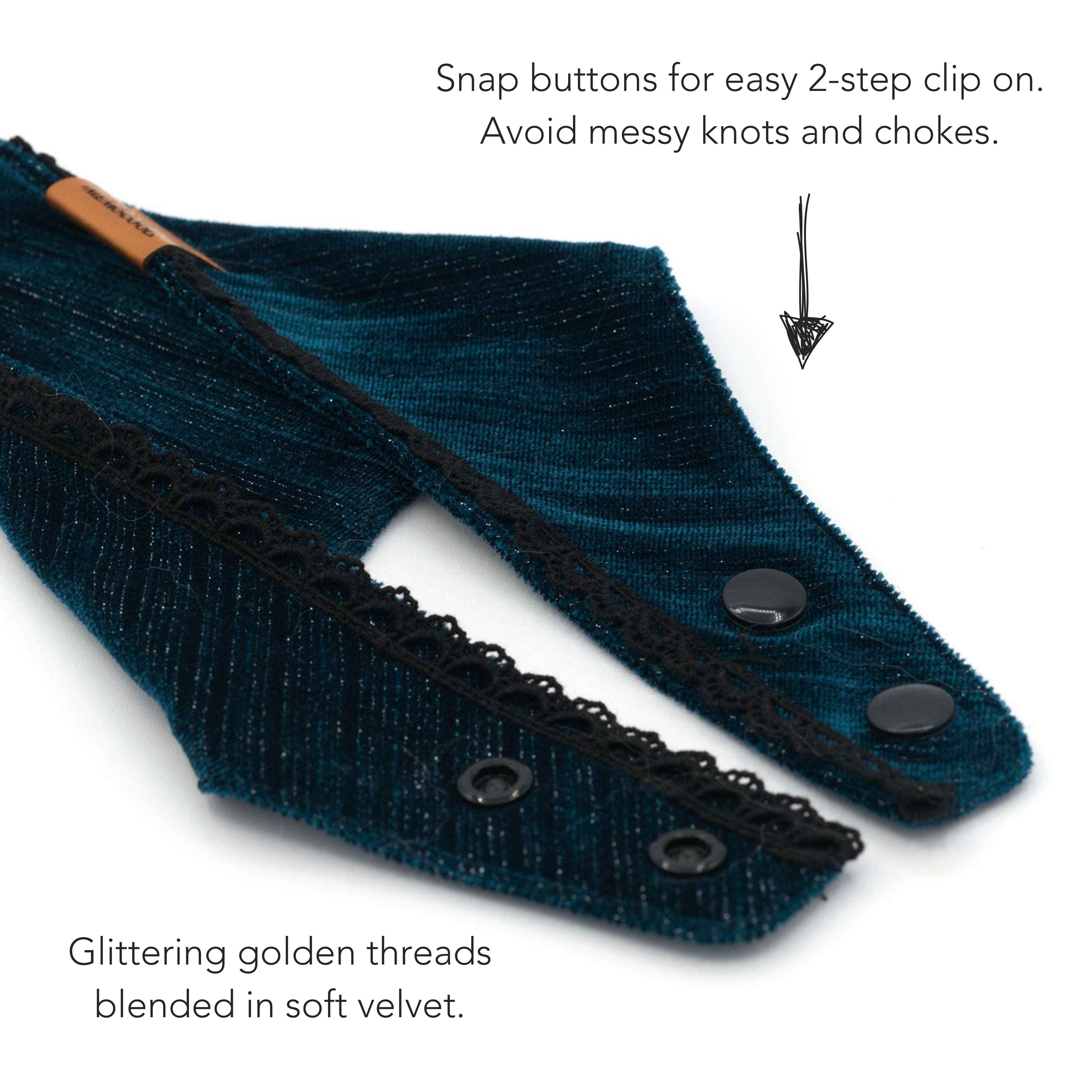 MemoCool Pet - Golden Classics Collection - Velvet Blue Pet Bandana - flexible easy clip-on design with two snap buttons - with description