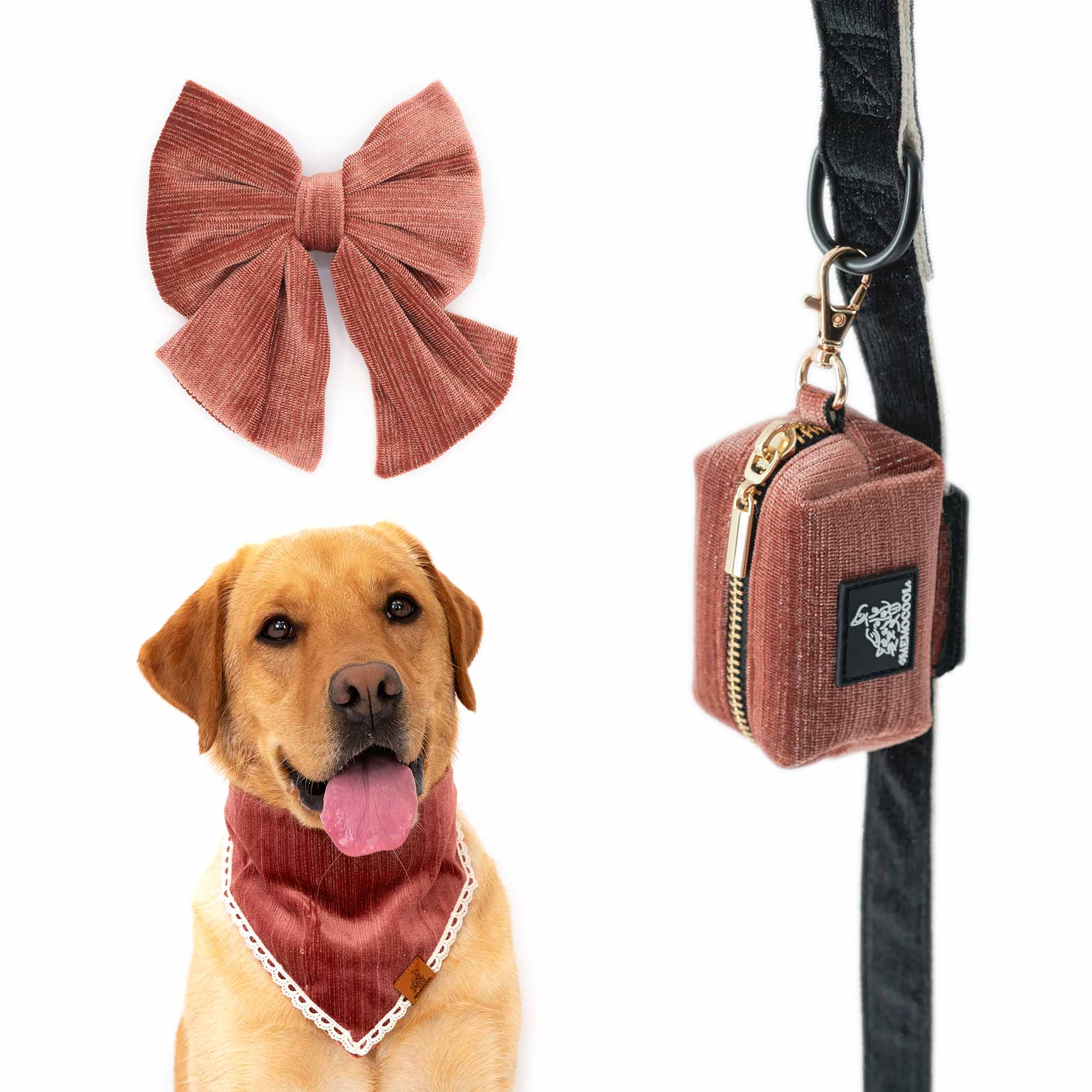 MemoCool Pet - Golden Classics Collection - Velvet Red Style & Match Bundle - Pet Bandana - Poop Bag Holder - Bow Tie