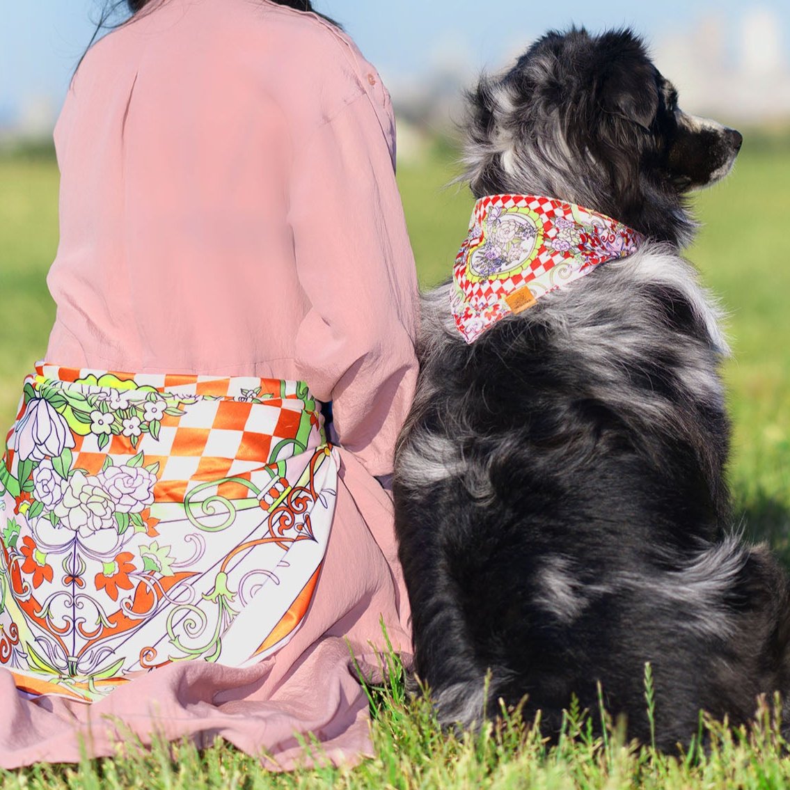 MemoCool Pet - The Gardenia Collection - Red - Pet Bandana - Human Silk Scarf - Paired Style